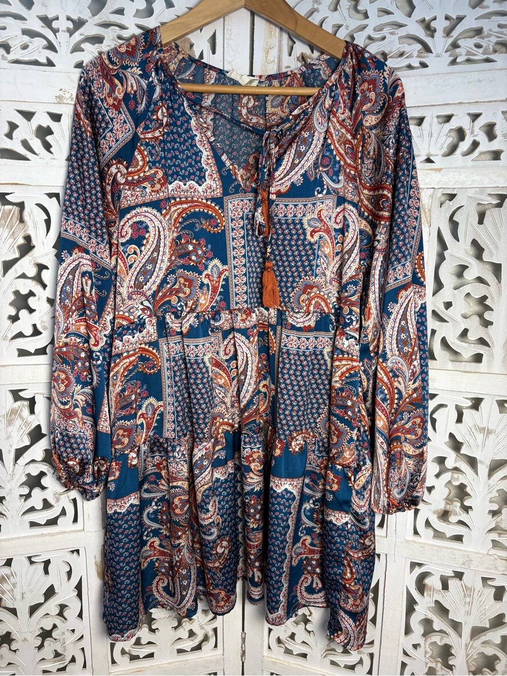 Entro Boho Paisley Tiered Tunic Dress - Teal & Rust SZ Small